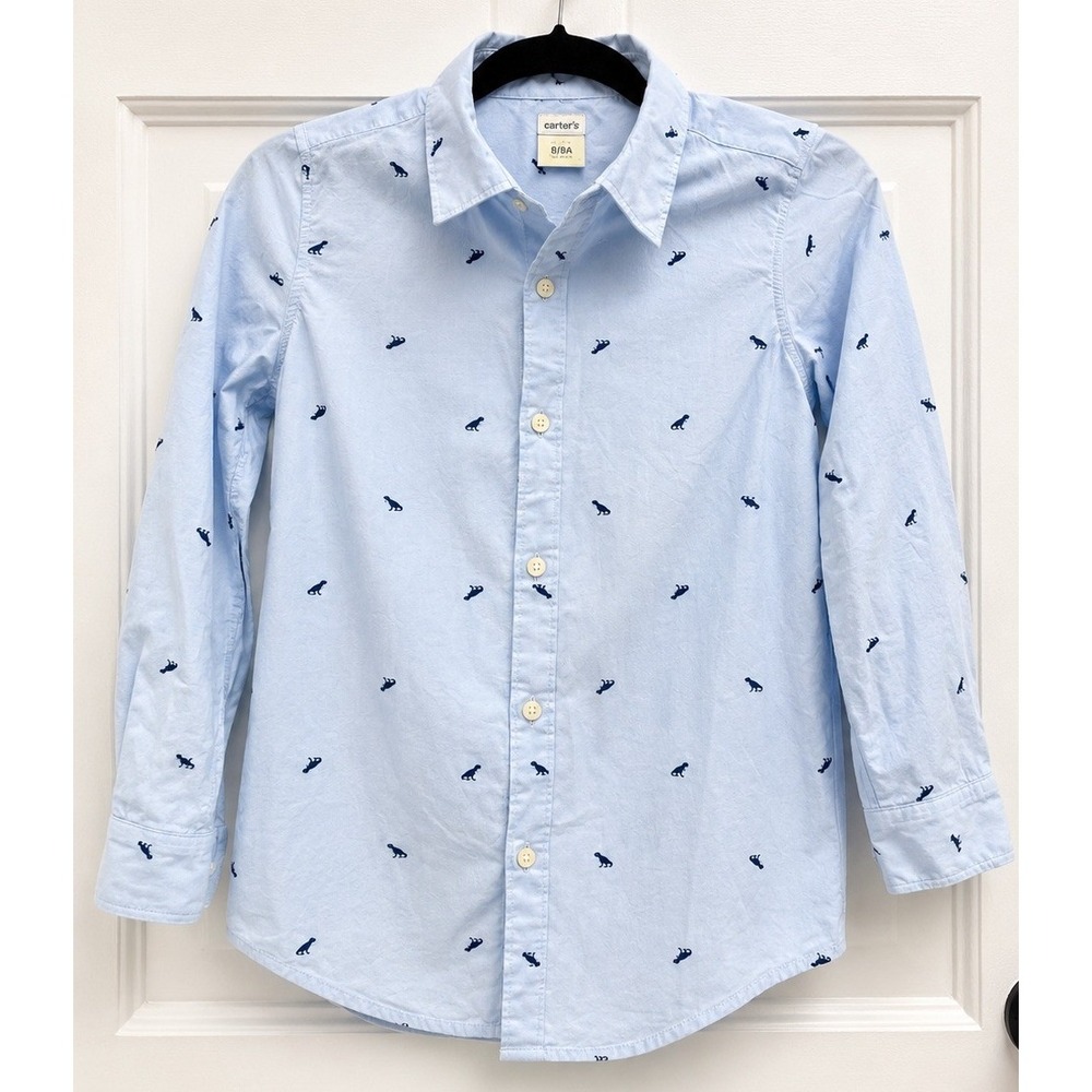 Carters Boys Light Blue Dinosaur Print Button Down Shirt Long Sleeve Size 8/8A
